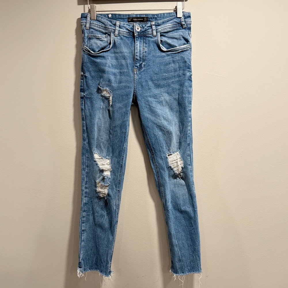 Zara Women's Trafaluc Denimwear Blue Distressed Straight Leg Ankle‎ Jeans Size 4